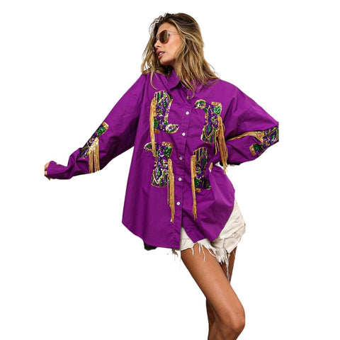 Purple Button Down with Embroidered Sequin Mardi Gras Boots (Each)