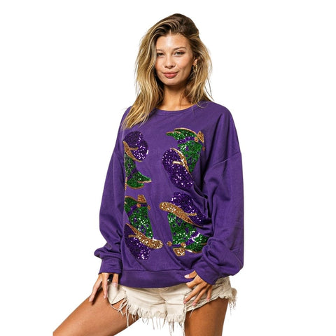 Purple Long Sleeve Pullvover with Embroidered Sequin Mardi Gras Western Boots (Each)
