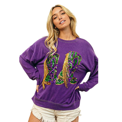 Vintage Washed Purple Pullover with Fringe Embroidered Sequin Mardi Gras Boots (Each)