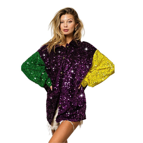 Velvet Sequin Mardi Gras Color Block Button Down Shirt - Purple (Each)