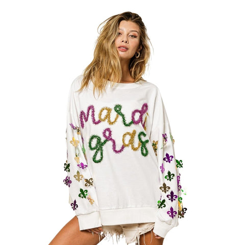 Mardi Gras Tinsel Lettering White Pullover with Sequin Fleur De Lis Sleeves (Each)