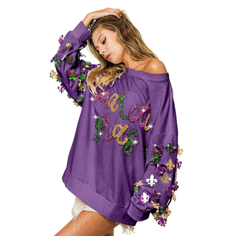 Mardi Gras Tinsel Lettering Purple Pullover with Sequin Fleur De Lis Sleeves (Each)