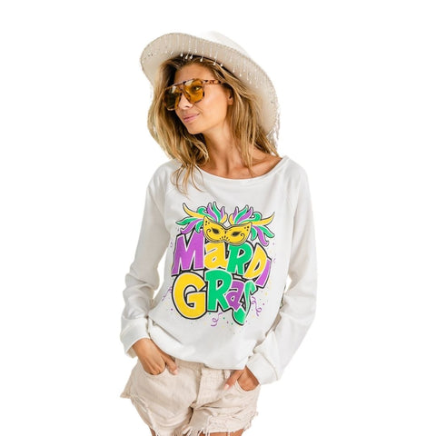 Mardi Gras Mask Print White Long Sleeve Raglan Top (Each)