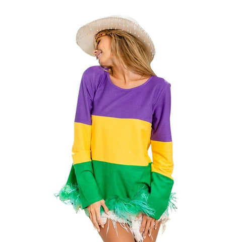 Mardi Gras Color Block Faux Feather Hem Long Sleeve Top (Each)