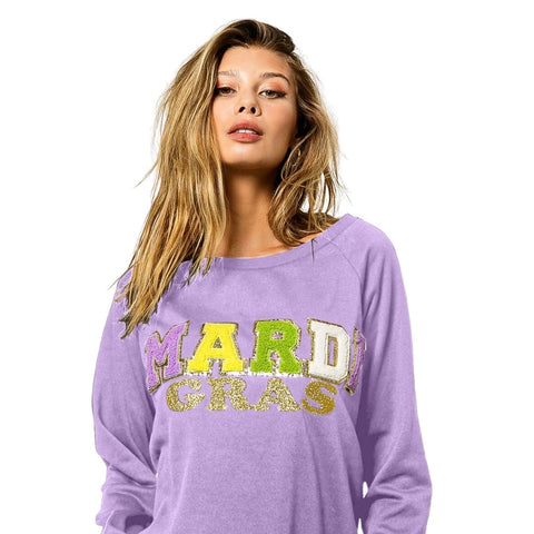 Mardi Gras Letter Patches And Glitter Print Lavender Pullover (Each)