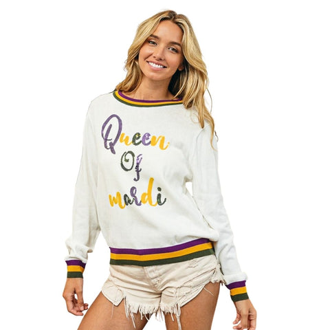 Queen Of Mardi Sequin Lettering Mardi Gras Rib Collar and Cuff Long Sleeve White Top (Each)