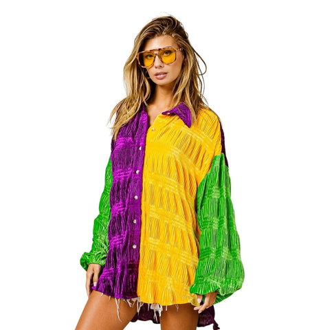 Mardi Gras Color Block Shirred Velvet Button Down Shirt (Each)
