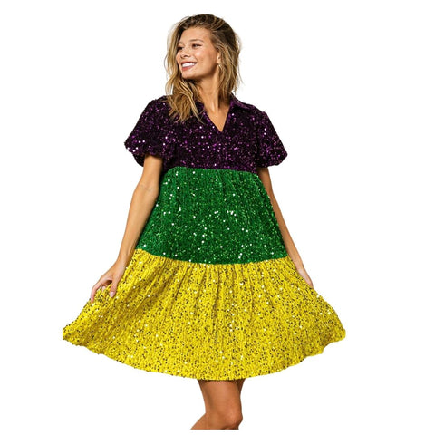 Velvet Mardi Gras Sequin Short Puff Sleeve Dress (Each)