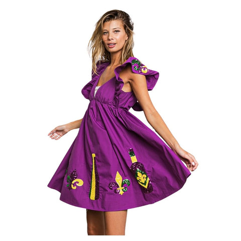 Mardi Gras Sequin Embroidery Ruffled Sleeve Dress with Back Tie Detail (Each)
