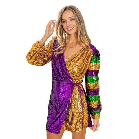 Mardi Gras Color Block Wrap Front Sequin Dress (Each)