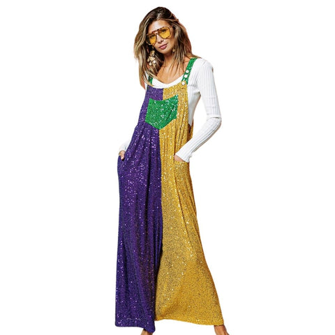 Mardi Gras Sequin Color Block Overalls with Adjustable Shoulder Strap (Each)
