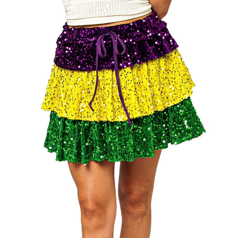 Mardi Gras Color Block Tiered Velvet Sequin Skirt (Each)