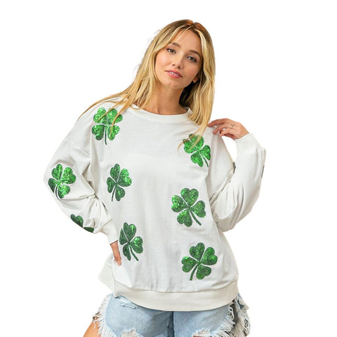St Patrick's Sequin Clover Patches White Pullover (Each)