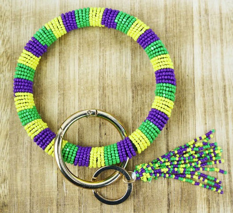 Mardi Gras Time Seed Bead Tassel Bangle Keychain (Each)