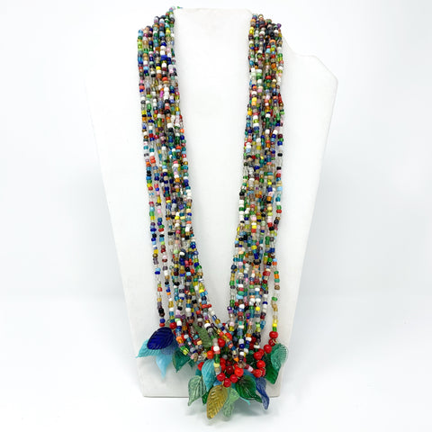 27" Multi Color with Leaves Glass Bead Necklace (Dozen)