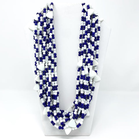 27" Blue and White with White Triangles Glass Bead Necklace (Dozen)