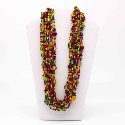 27" Blue and Green and Red and Yellow Glass Bead Necklace (Dozen)