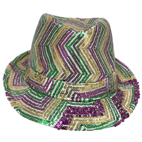 Purple, Green and Gold Sequins Zig Zag Stripes on White Fedora (Each)