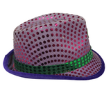 LED Purple and Green Sequin Fedora with Gold Fleur de Lis (Each)