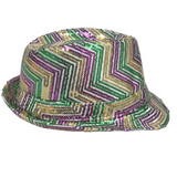 Purple, Green and Gold Sequins Zig Zag Stripes on White Fedora (Each)