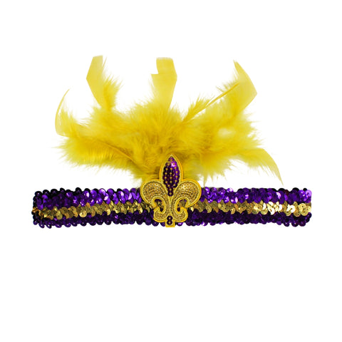 Purple and Gold Sequin Headband with Fleur de Lis and Feathers (Each)