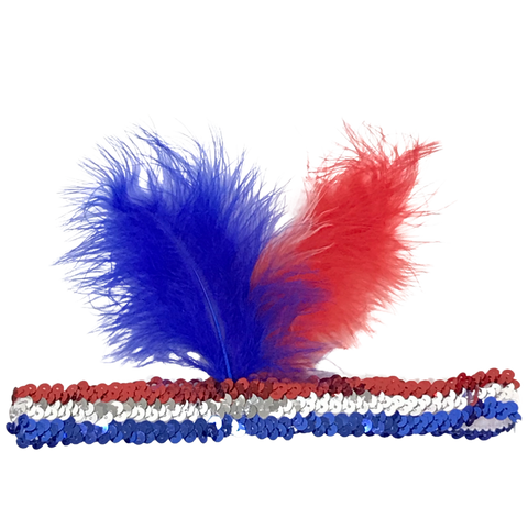 Red, Blue and Silver Sequin Headband with Red, Blue and White Feathers (Each)
