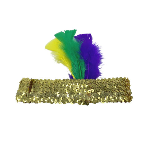 Gold Sequin Headband with Purple, Green and Gold Feathers (Each)
