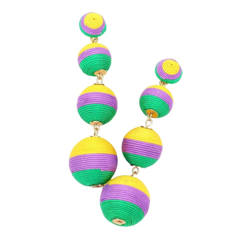 Mardi Gras Thread Ball Link Dangle Earrings (Pair)