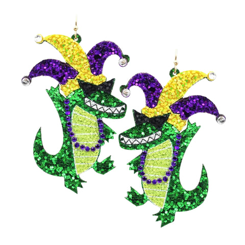 Mardi Gras Glittered Crocodile Dangle Earrings (Pair)