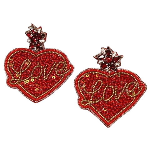 Heart With Love Seed Bead Earrings - Red (Pair)