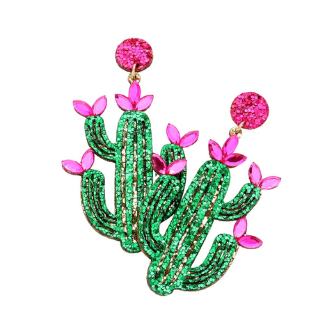 Glittered Cactus Dangle Earrings (Pair)