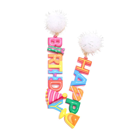 Pom Pom "Happy" & "Birthday" Patterned Resin Dangle Earrings (Pair)