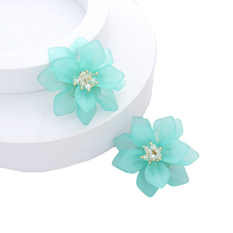 Teal Resin Flower Earrings (Pair)