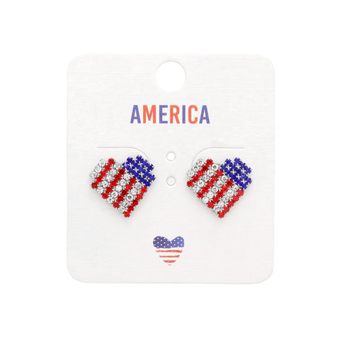 American USA Flag Rhinestone Heart Stud Earrings (Pair)