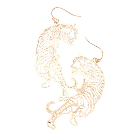 Gold Cut Out Brass Metal Tiger Dangle Earrings (Pair)