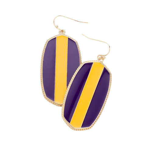 Game Day Purple and Gold Color Block Enamel Hexagon Earrings (Pair)