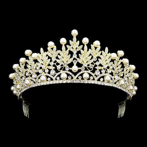 Pearl Accented Leaf Cluster Gold Princess Tiara (Each)