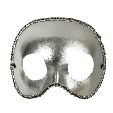 Metallic Silver Half Masquerade Mask with Rainbow Tinseled Crimped Trim and Elastic Band (Each)