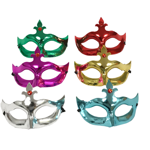Metallic Masquerade Mask with Jewel and Ribbon Tie - Assorted Colors (Pack of 6)