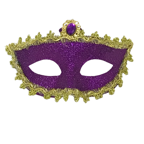 Purple Glittered Mask with Gold Trim and Purple Stone and Ribbon Tie (Each)