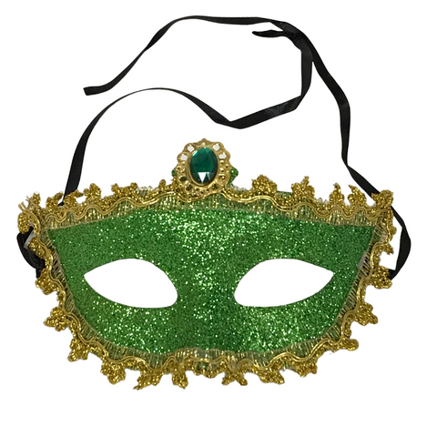 Green Glittered Mask with Gold Trim and Green Stone and Ribbon Tie (Each)