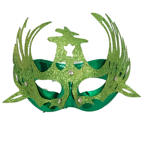 Shiny Green Masquerade Mask with Attached Green Glittered Accent and Ribbon Tie (Each)