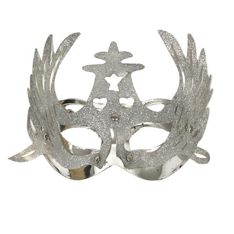 Shiny Silver Masquerade Mask with Attached Silver Glittered Accent and Ribbon Tie (Each)