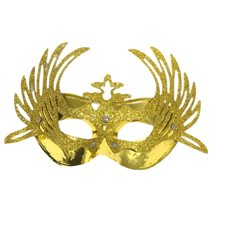 Shiny Gold Masquerade Mask with Attached Gold Glittered Accent and Ribbon Tie (Each)