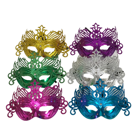 Glittered Ornate Mask with Ribbon Tie - Assorted Colors (Pack of 6)