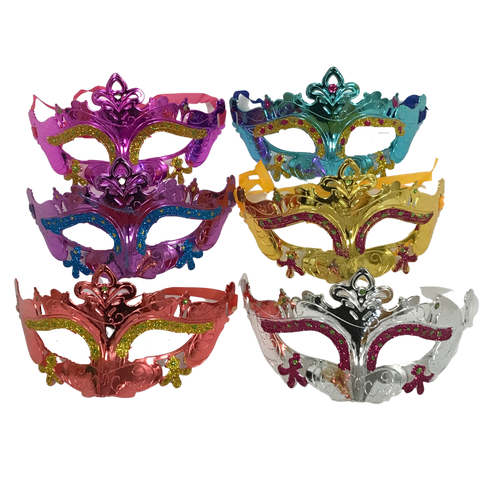 Metallic Mask with 3-Fleur de Lis and Ribbon Tie - Assorted Colors (Pack of 6)