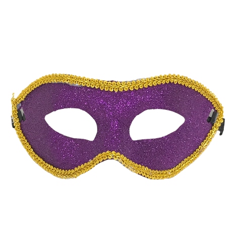Glittered Purple Mask with Gold Trim and Ribbon Tie (Each)