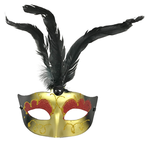 Black and Gold Hard Plastic Mask with Black Feathers with Ribbon Tie (Each)