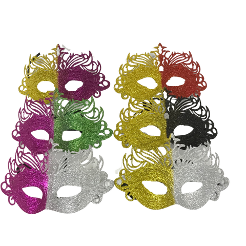 Two Toned Glittered Venetian Mask with Ribbon Tie - 6 Assorted Colors (Pack of 6)