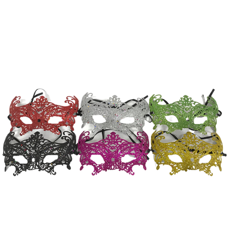 Cut Out Venetian Hard Plastic Mask with Ribbon Tie - 6 Assorted Colors (Pack of 6)